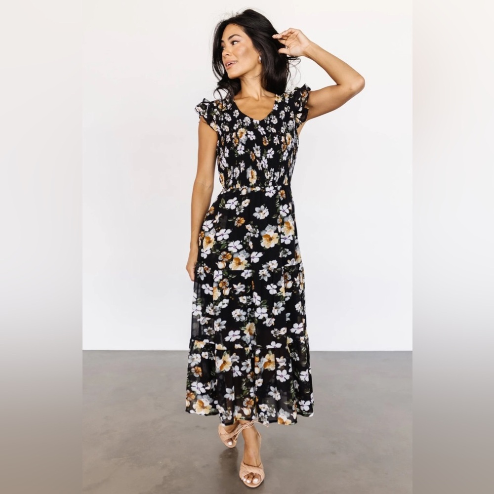 Baltic Born Black Floral Kenna Smocked Midi Dress in Size Medium